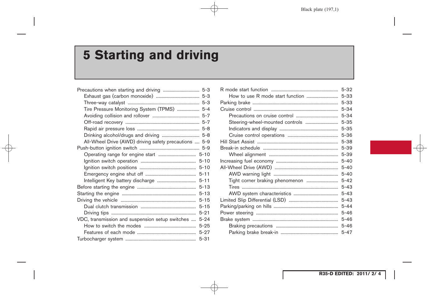 Starting and driving, 5 starting and driving | NISSAN 2012 GT R - Owner's Manual User Manual | Page 194 / 346