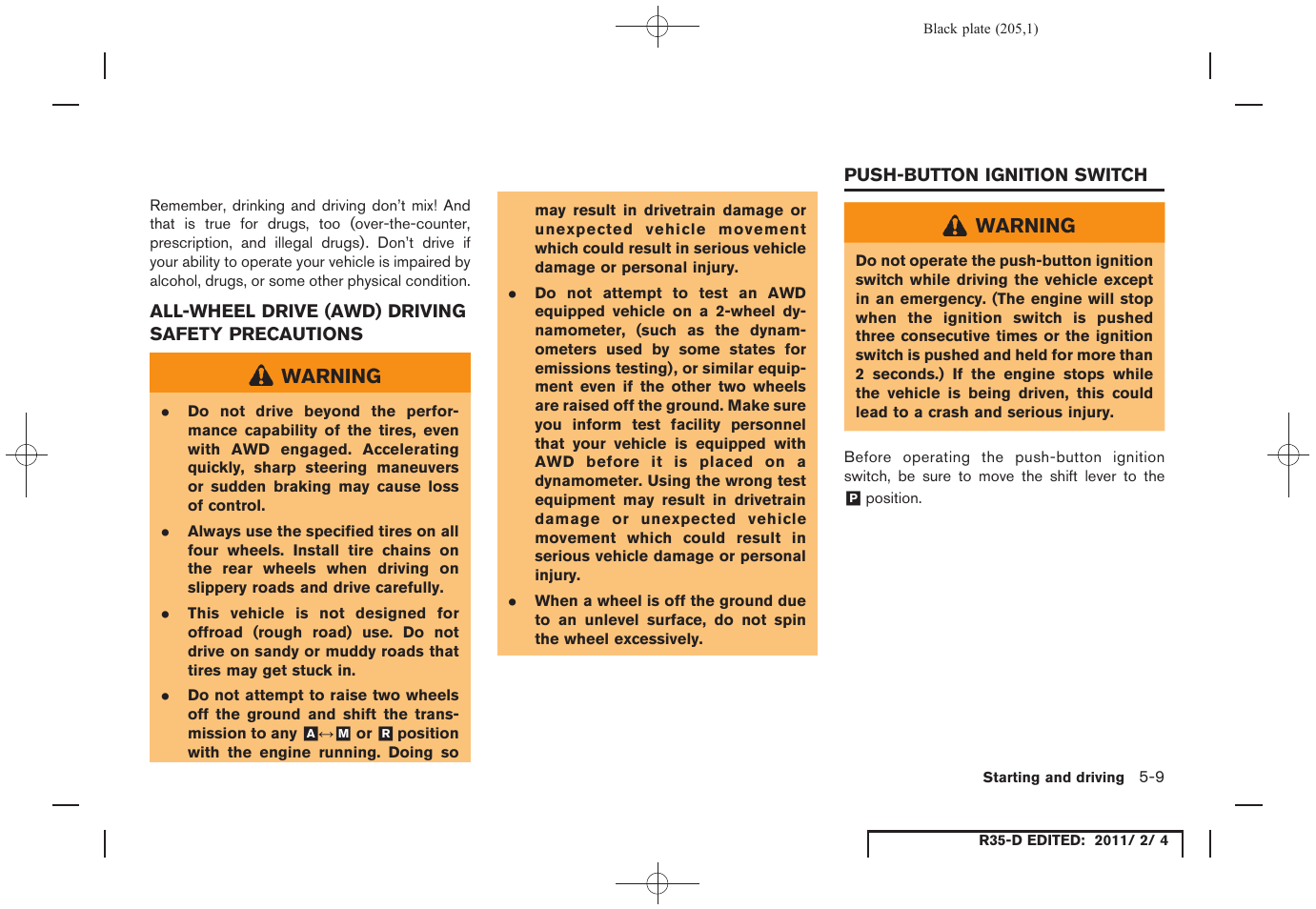 Push-button ignition switch -9 | NISSAN 2012 GT R - Owner's Manual User Manual | Page 202 / 346