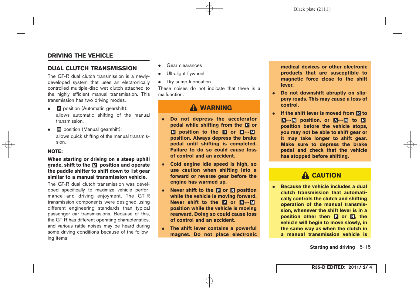 Driving the vehicle -15, Dual clutch transmission -15 | NISSAN 2012 GT R - Owner's Manual User Manual | Page 208 / 346