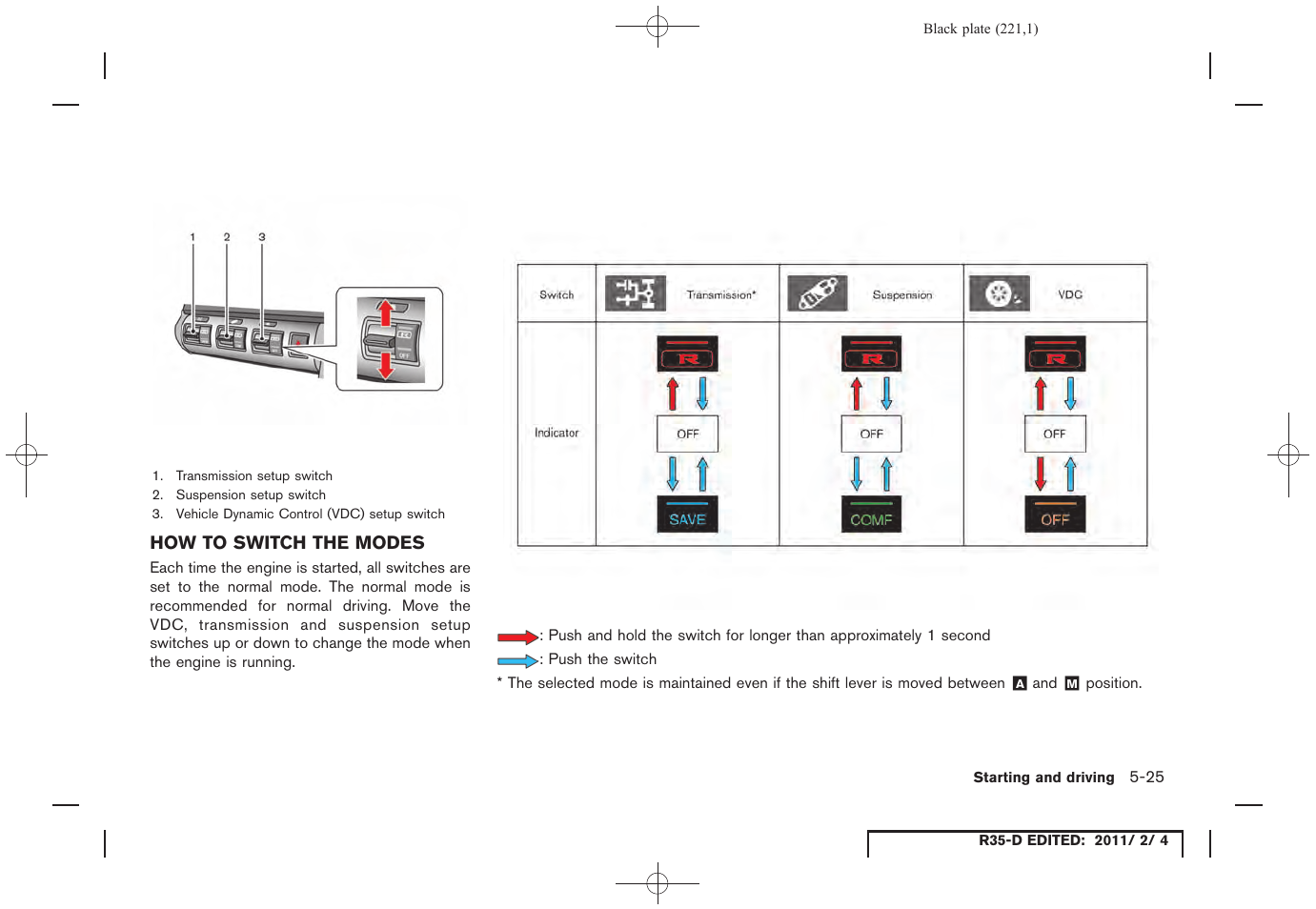 How to switch the modes -25 | NISSAN 2012 GT R - Owner's Manual User Manual | Page 218 / 346
