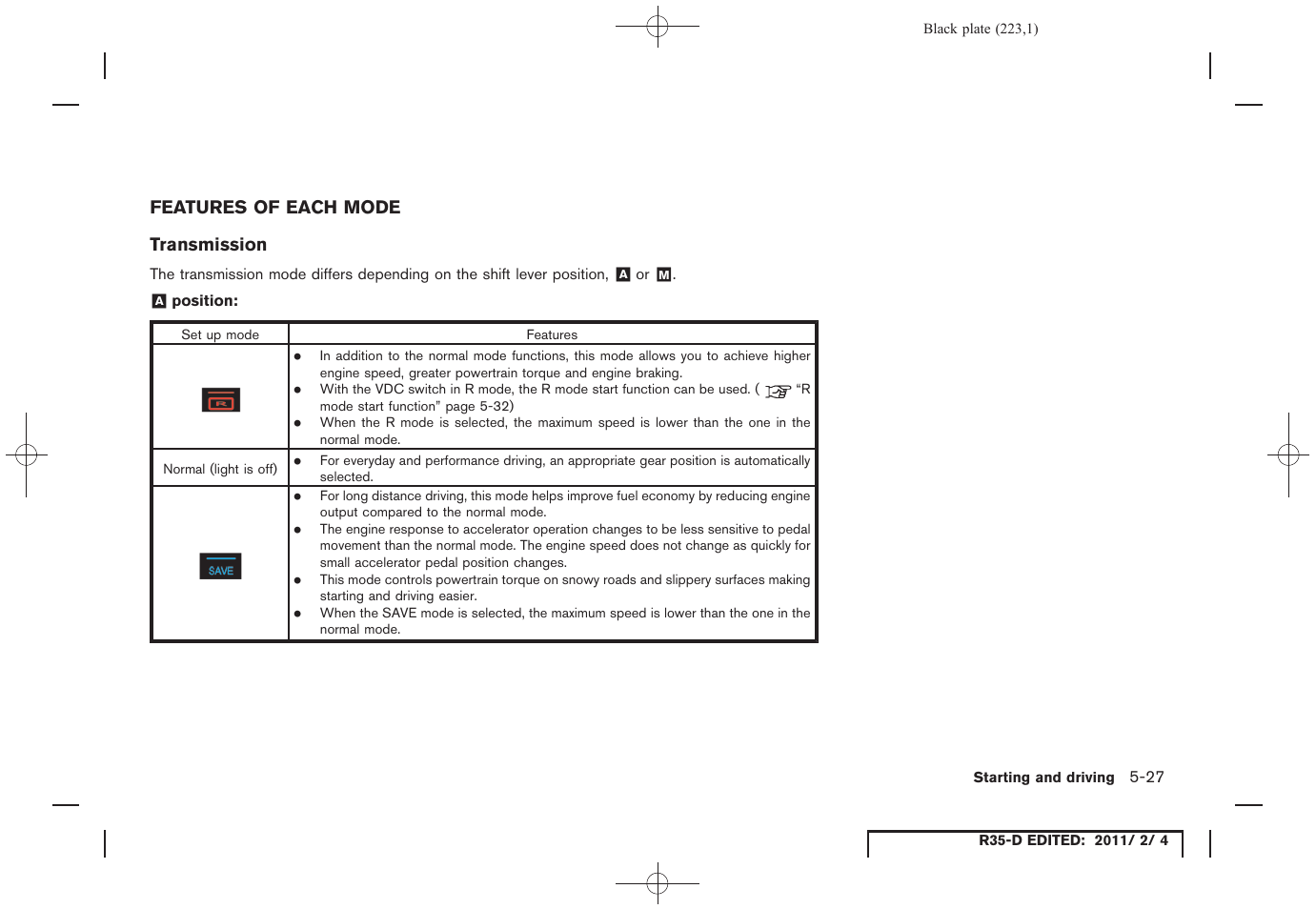 Features of each mode -27 | NISSAN 2012 GT R - Owner's Manual User Manual | Page 220 / 346