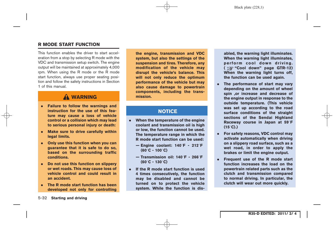 R mode start function -32 | NISSAN 2012 GT R - Owner's Manual User Manual | Page 225 / 346