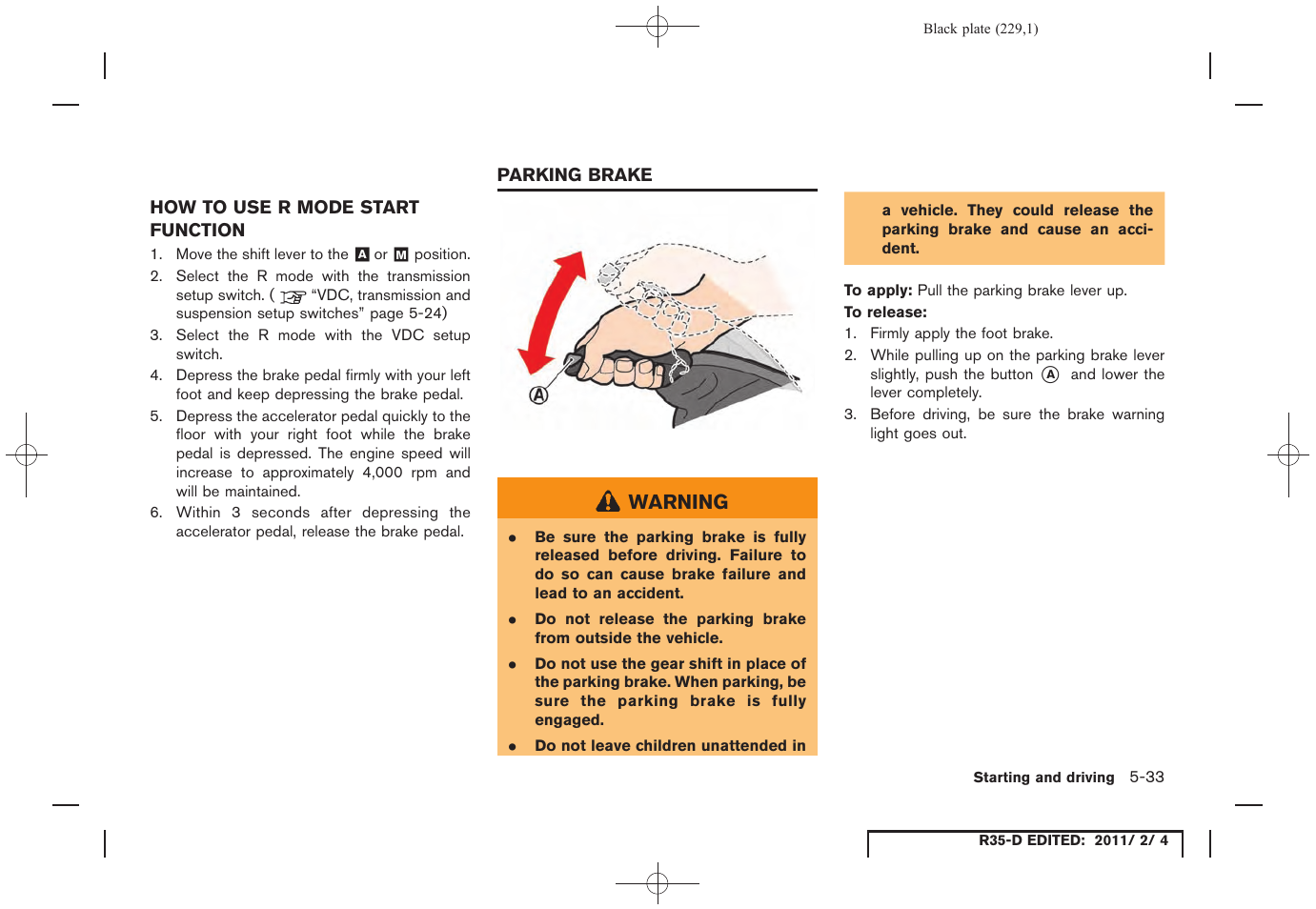 How to use r mode start function -33, Parking brake -33 | NISSAN 2012 GT R - Owner's Manual User Manual | Page 226 / 346