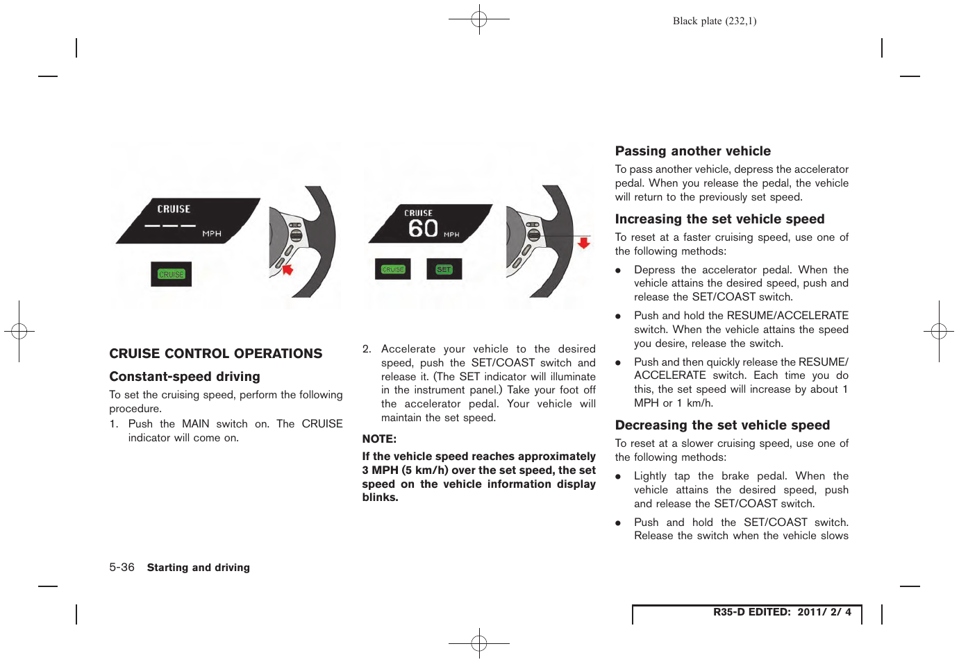 Cruise control operations -36 | NISSAN 2012 GT R - Owner's Manual User Manual | Page 229 / 346