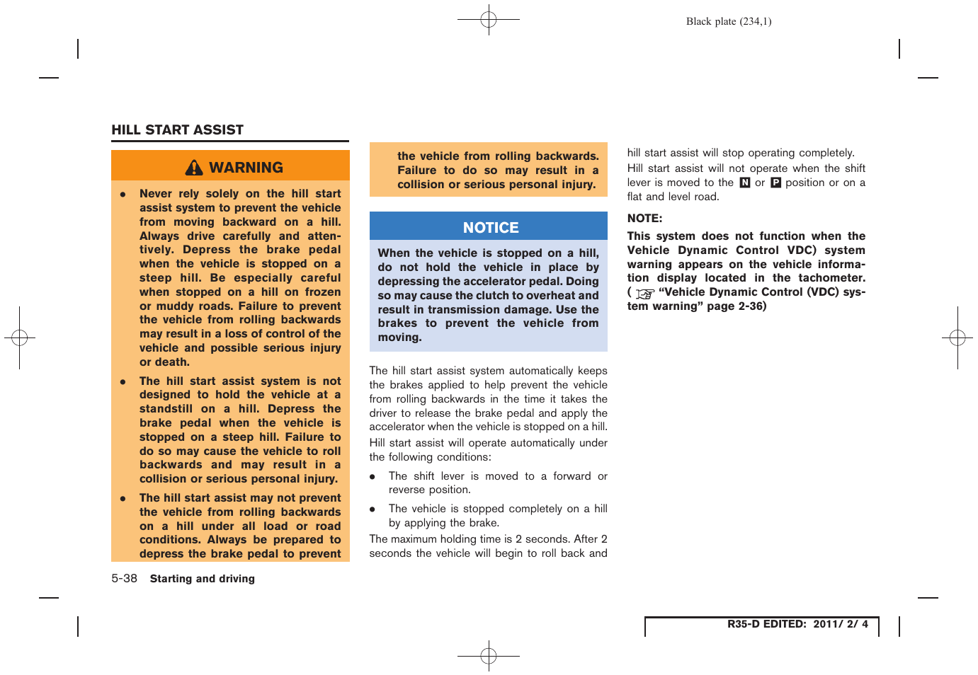 Hill start assist -38 | NISSAN 2012 GT R - Owner's Manual User Manual | Page 231 / 346