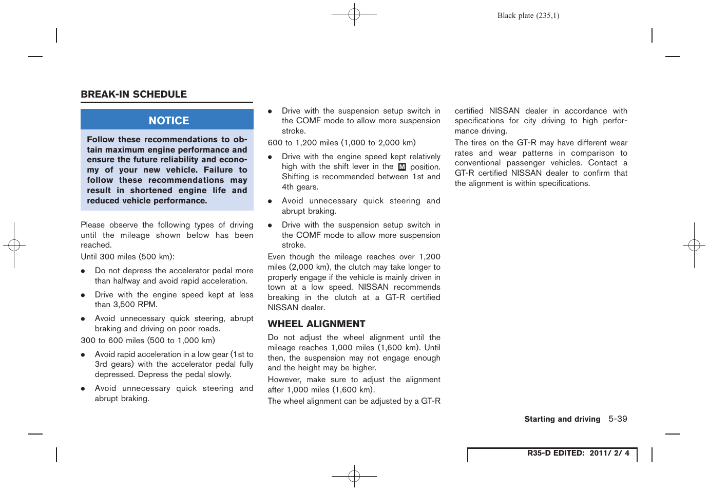 Break-in schedule -39, Wheel alignment -39 | NISSAN 2012 GT R - Owner's Manual User Manual | Page 232 / 346