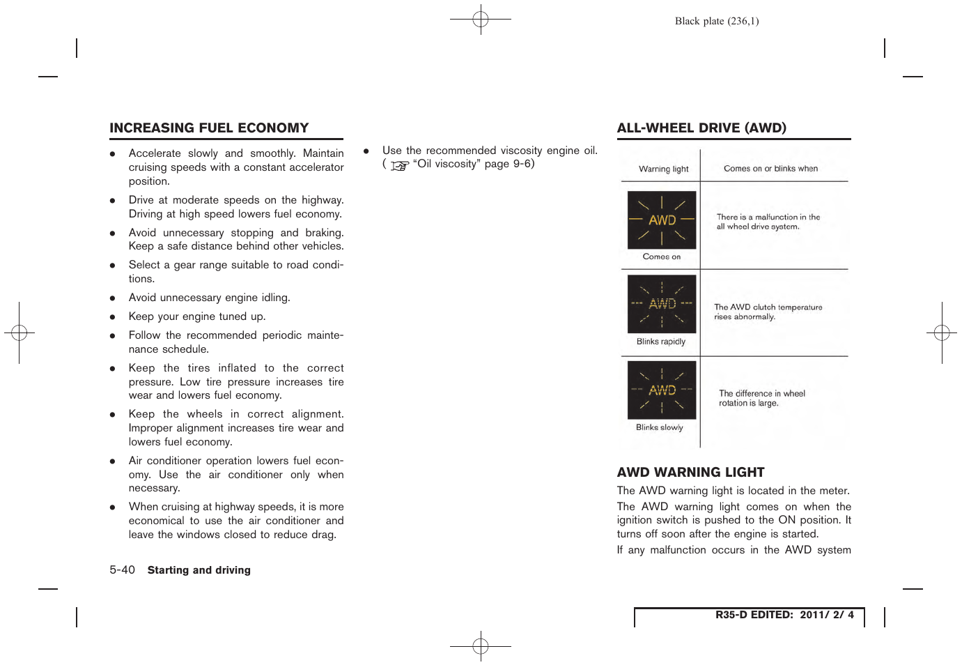 Awd warning light -40 | NISSAN 2012 GT R - Owner's Manual User Manual | Page 233 / 346