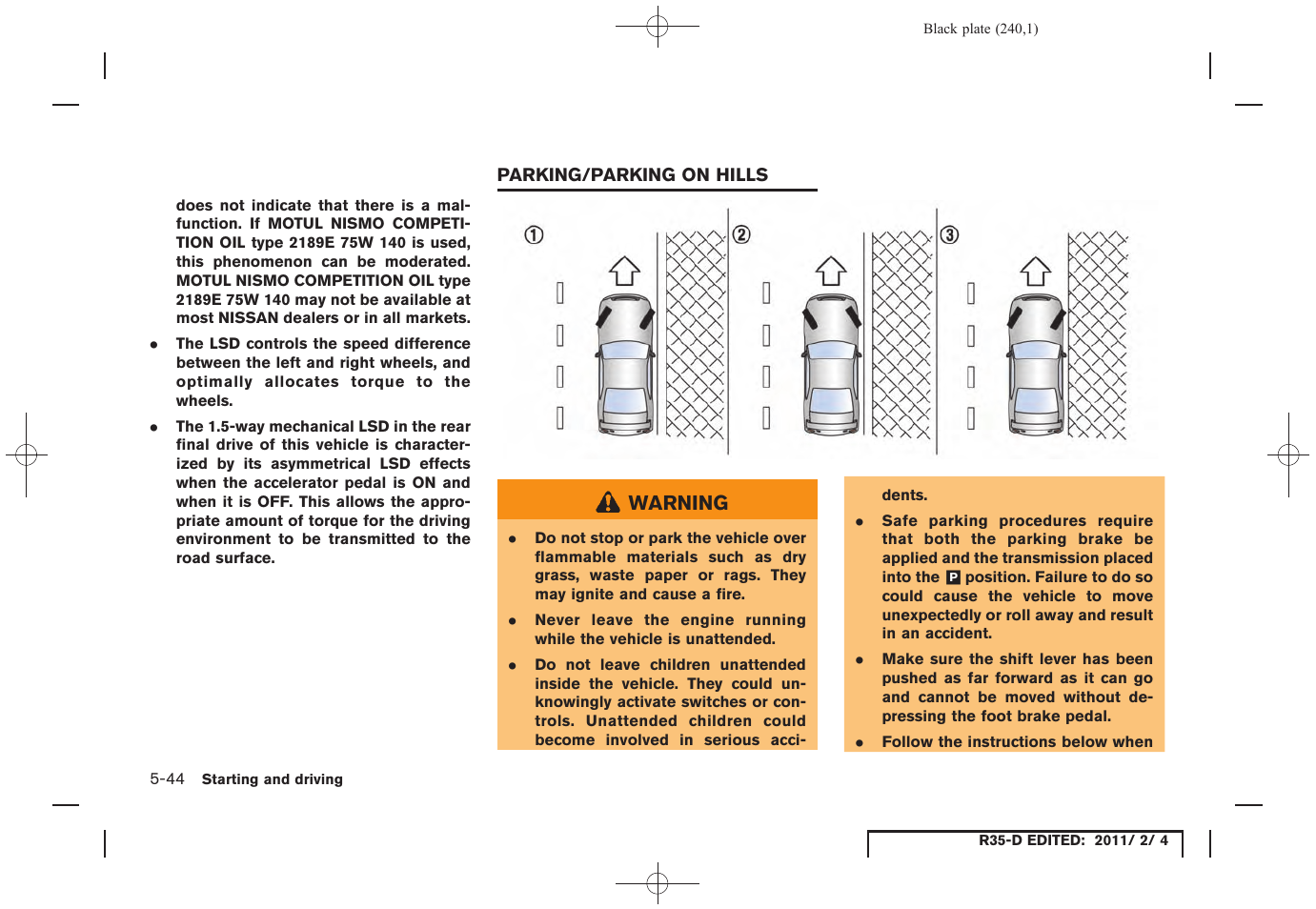Parking/parking on hills -44 | NISSAN 2012 GT R - Owner's Manual User Manual | Page 237 / 346