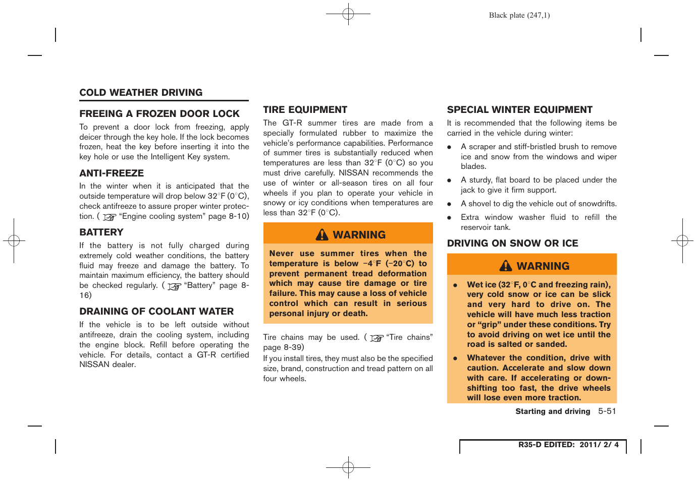 Cold weather driving -51, Freeing a frozen door lock -51 anti-freeze -51 | NISSAN 2012 GT R - Owner's Manual User Manual | Page 244 / 346