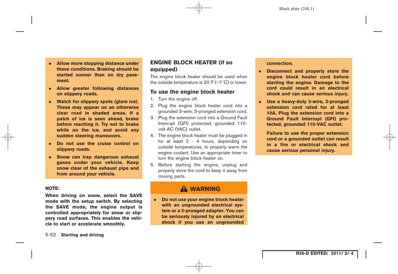 Engine block heater (if so equipped) -52 | NISSAN 2012 GT R - Owner's Manual User Manual | Page 245 / 346