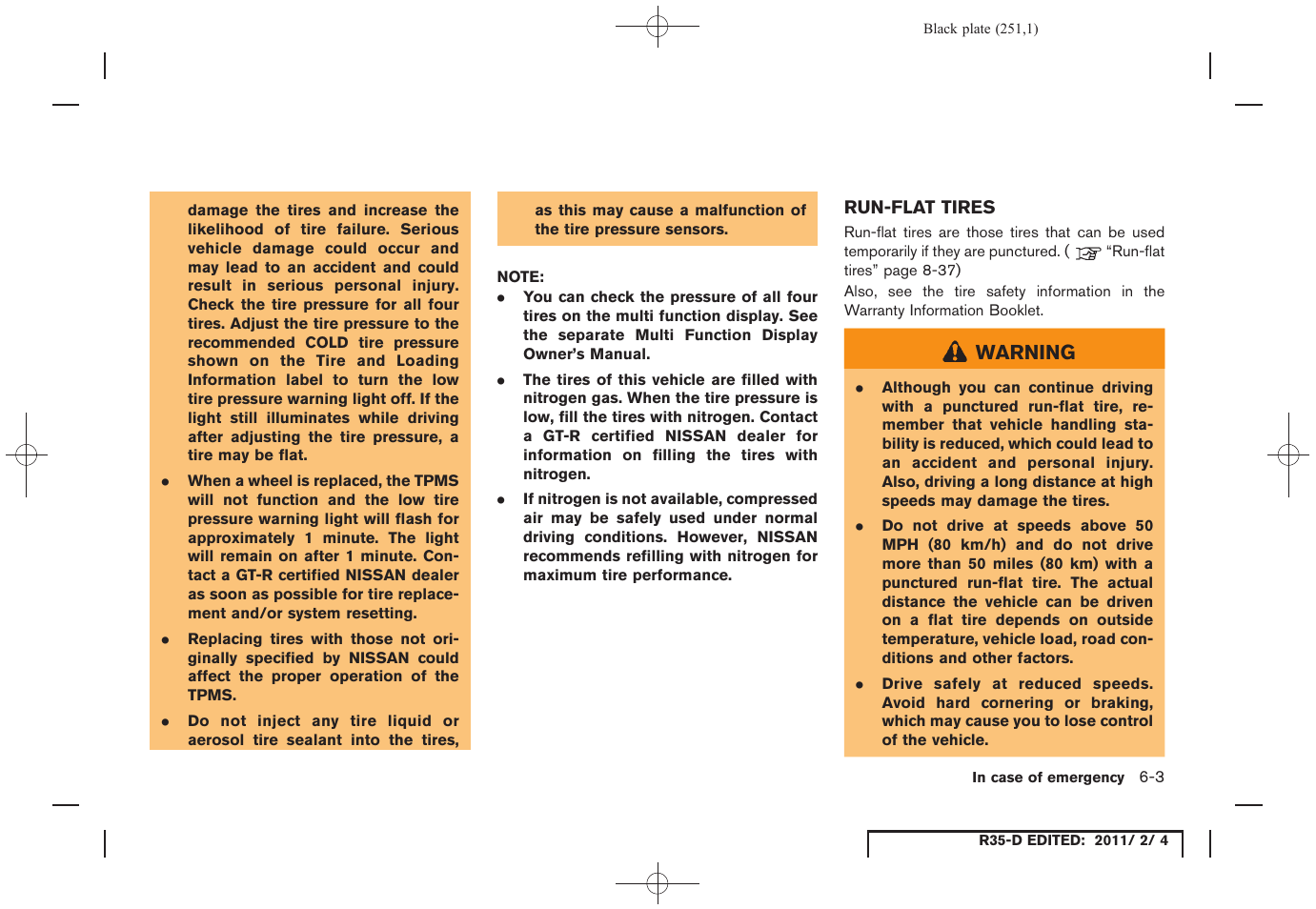 Run-flat tires -3 | NISSAN 2012 GT R - Owner's Manual User Manual | Page 248 / 346
