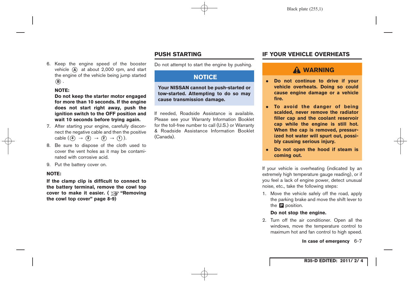 Push starting -7 if your vehicle overheats -7 | NISSAN 2012 GT R - Owner's Manual User Manual | Page 252 / 346