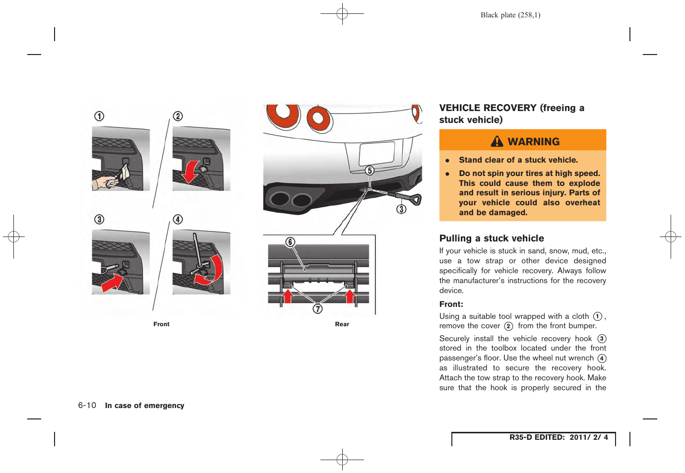 Vehicle recovery (freeing a stuck vehicle) -10 | NISSAN 2012 GT R - Owner's Manual User Manual | Page 255 / 346