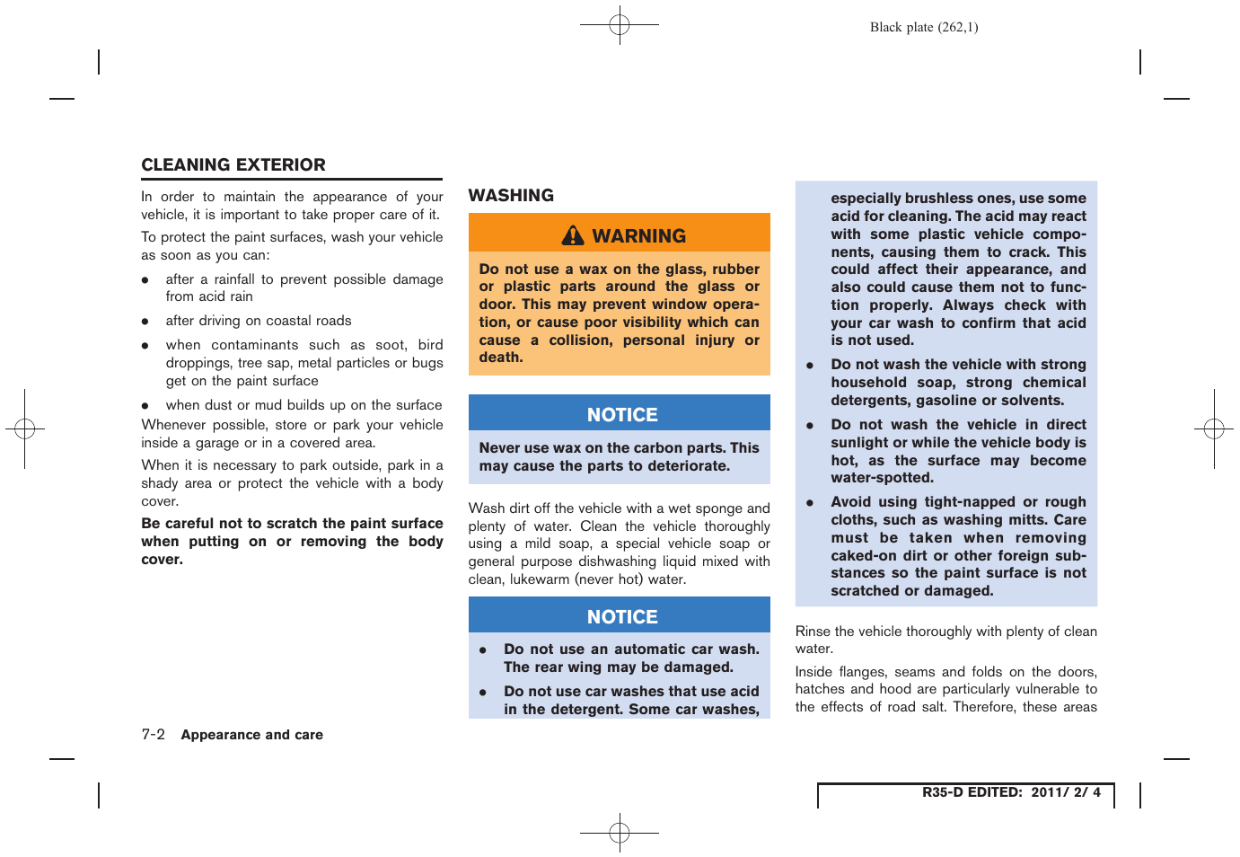 Cleaning exterior -2, Washing -2 | NISSAN 2012 GT R - Owner's Manual User Manual | Page 259 / 346