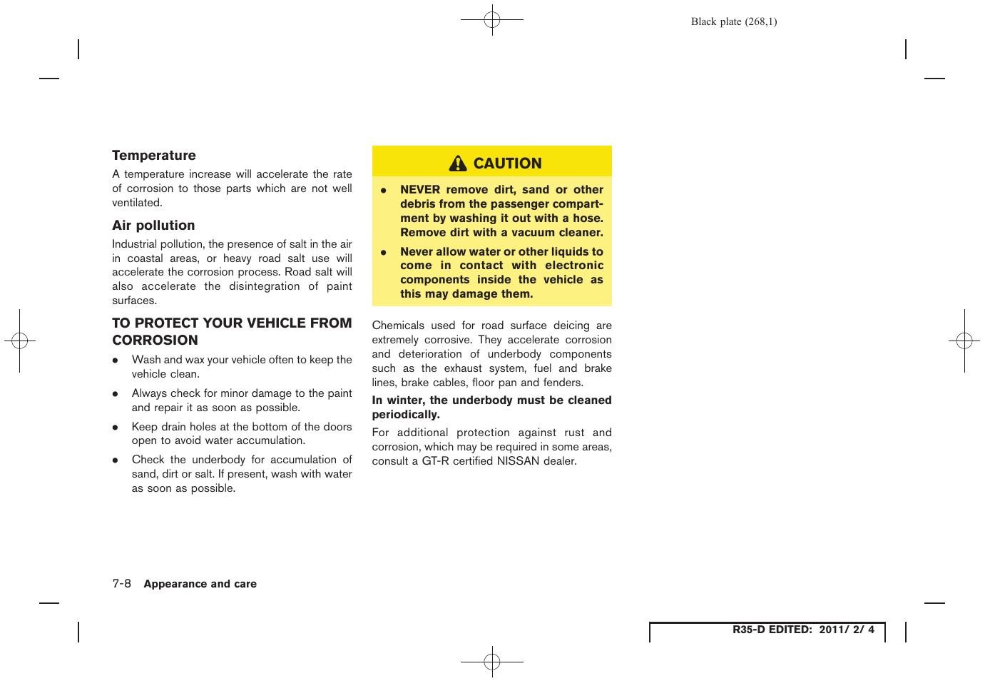 To protect your vehicle from corrosion -8 | NISSAN 2012 GT R - Owner's Manual User Manual | Page 265 / 346