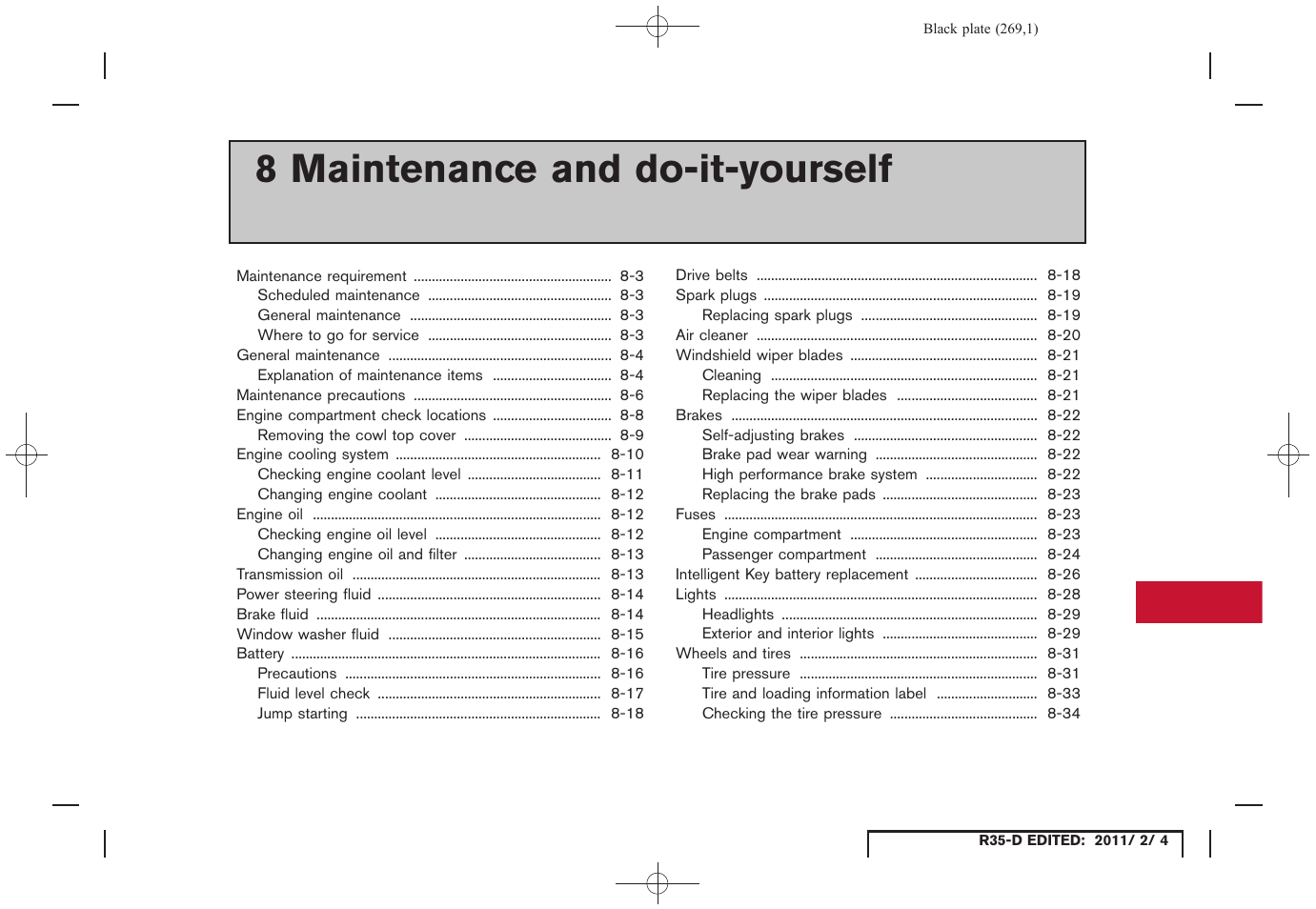 Maintenance and do-it-yourself, 8 maintenance and do-it-yourself | NISSAN 2012 GT R - Owner's Manual User Manual | Page 266 / 346