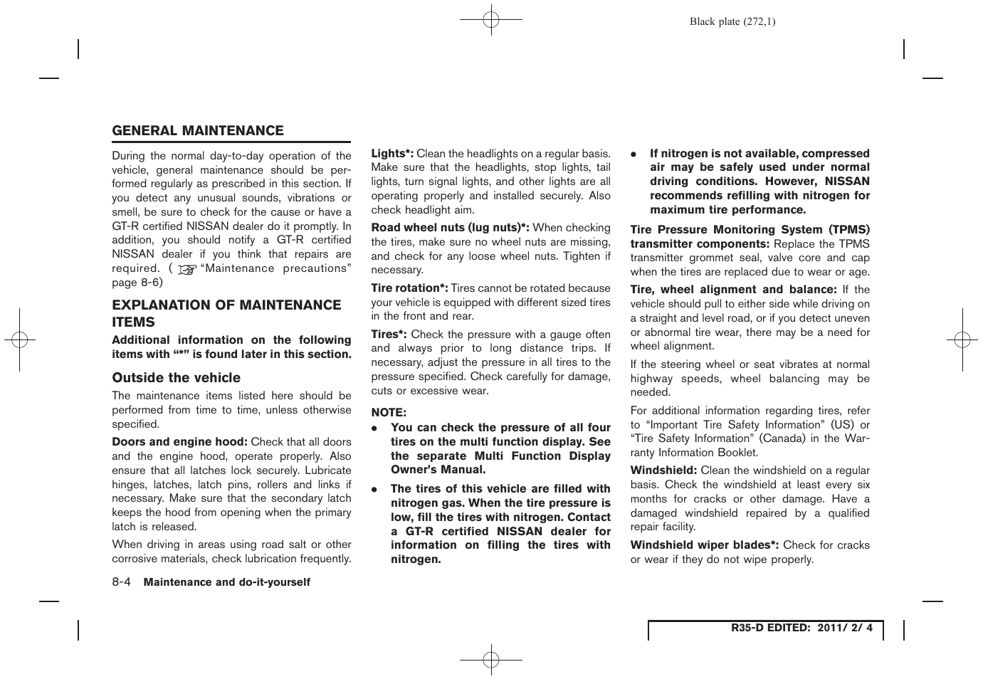 General maintenance -4, Explanation of maintenance items -4 | NISSAN 2012 GT R - Owner's Manual User Manual | Page 269 / 346