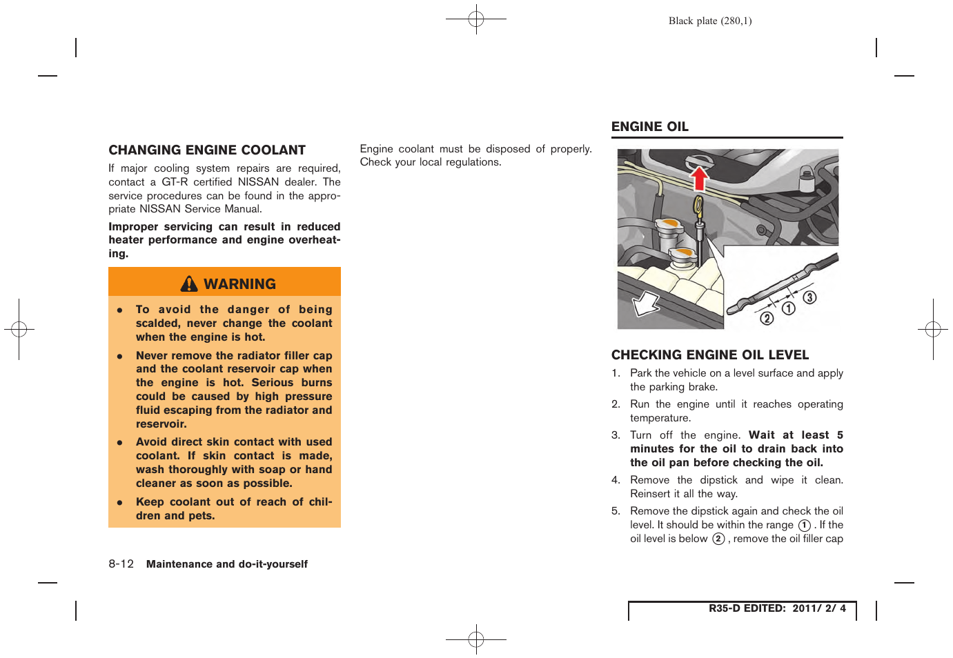 Changing engine coolant -12, Engine oil -12, Checking engine oil level -12 | NISSAN 2012 GT R - Owner's Manual User Manual | Page 277 / 346