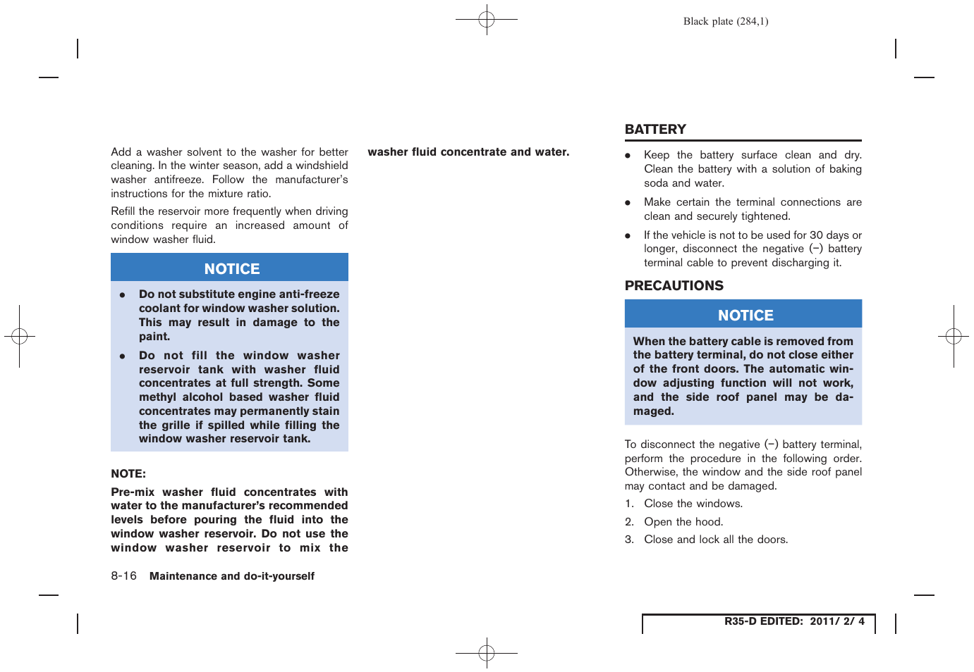 Battery -16, Precautions -16 | NISSAN 2012 GT R - Owner's Manual User Manual | Page 281 / 346