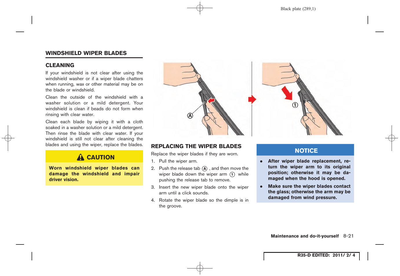 Windshield wiper blades -21, Cleaning -21 replacing the wiper blades -21 | NISSAN 2012 GT R - Owner's Manual User Manual | Page 286 / 346