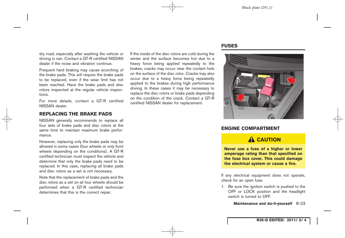 Replacing the brake pads -23, Fuses -23, Engine compartment -23 | NISSAN 2012 GT R - Owner's Manual User Manual | Page 288 / 346
