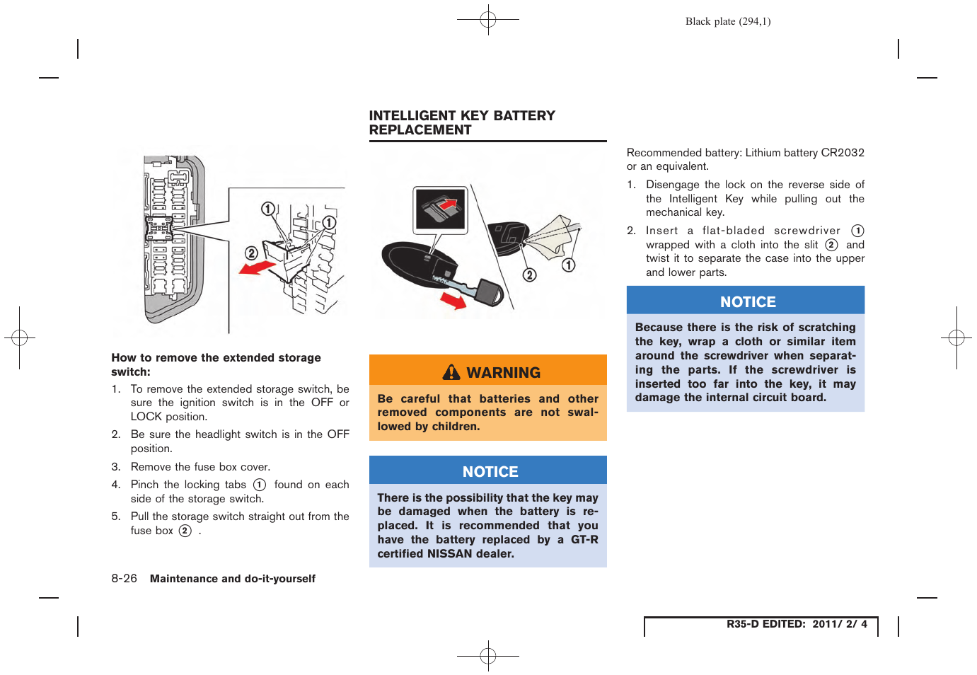 Intelligent key battery replacement -26 | NISSAN 2012 GT R - Owner's Manual User Manual | Page 291 / 346