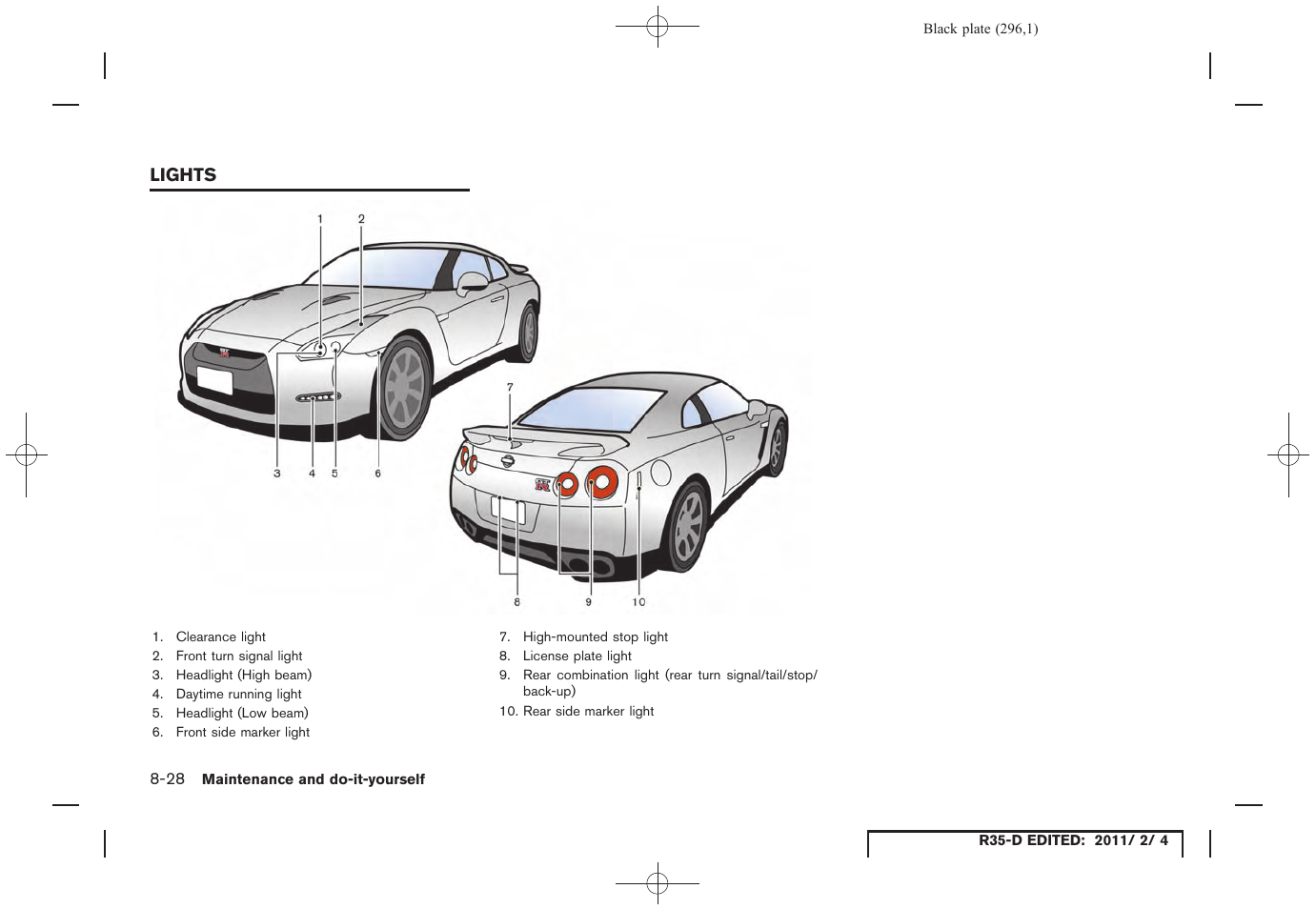 Lights -28 | NISSAN 2012 GT R - Owner's Manual User Manual | Page 293 / 346
