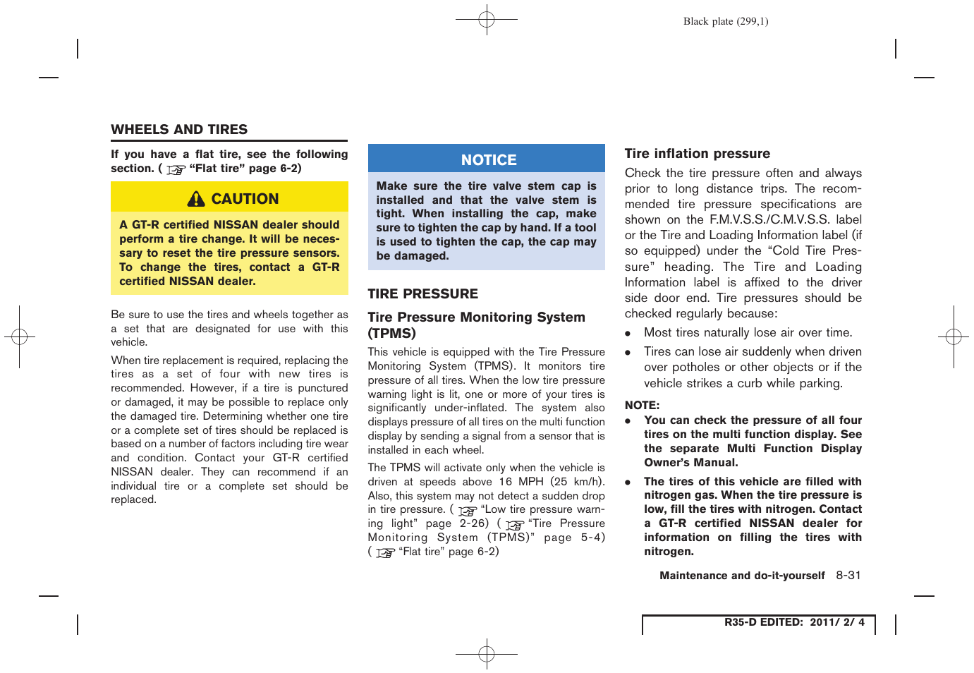 Wheels and tires -31, Tire pressure -31 | NISSAN 2012 GT R - Owner's Manual User Manual | Page 296 / 346
