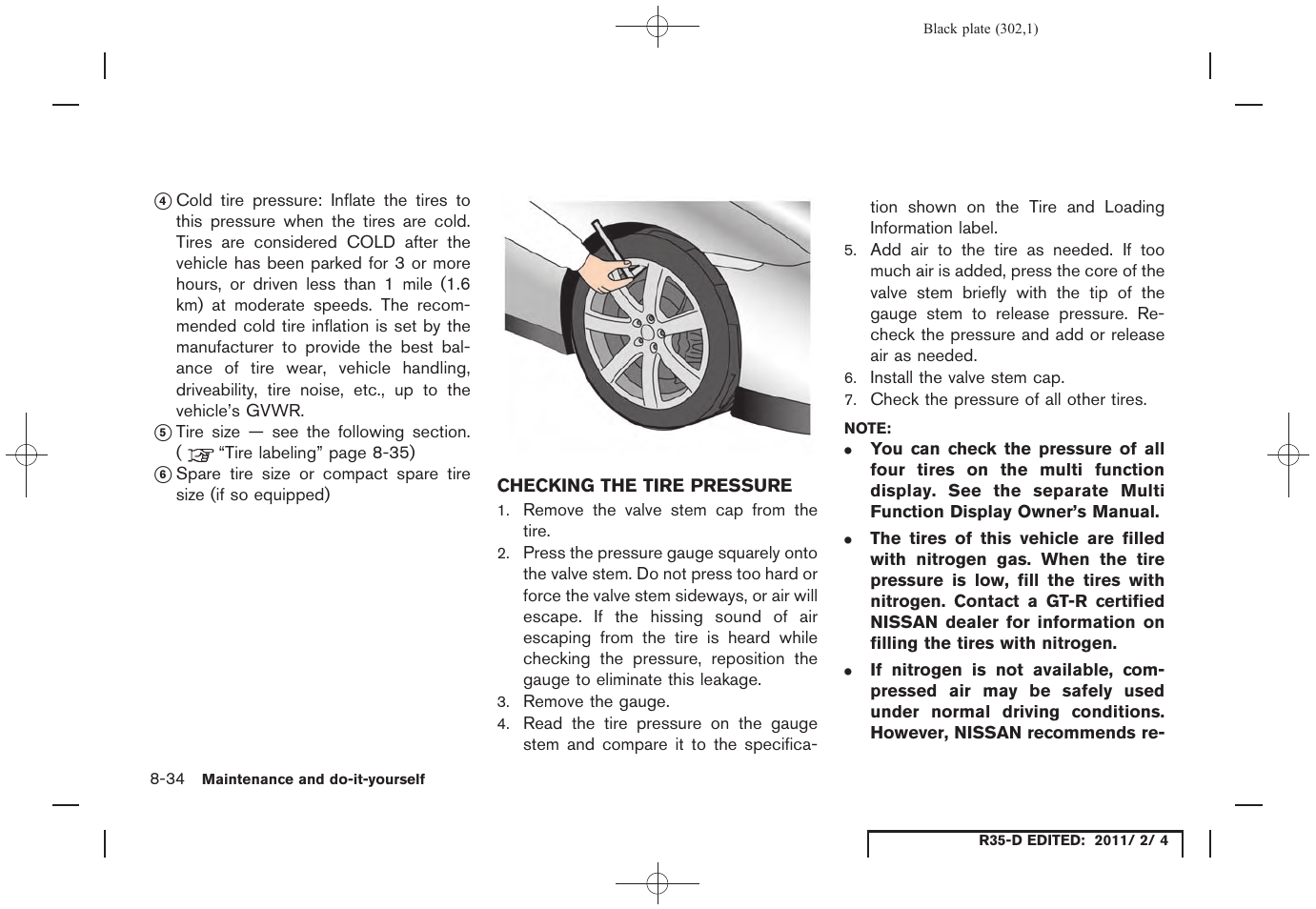 Checking the tire pressure -34 | NISSAN 2012 GT R - Owner's Manual User Manual | Page 299 / 346