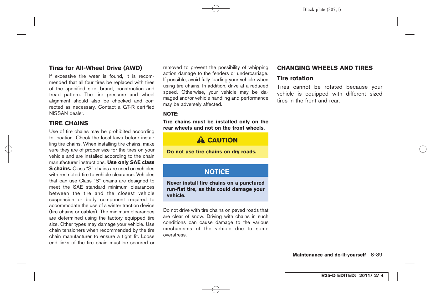 Tire chains -39, Changing wheels and tires -39 | NISSAN 2012 GT R - Owner's Manual User Manual | Page 304 / 346