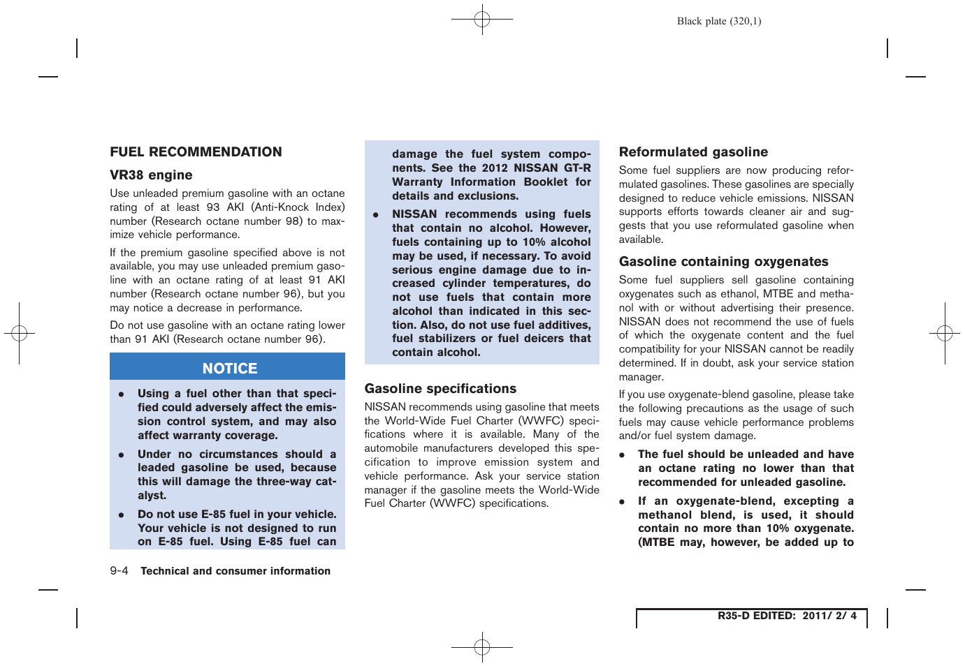Fuel recommendation -4 | NISSAN 2012 GT R - Owner's Manual User Manual | Page 315 / 346