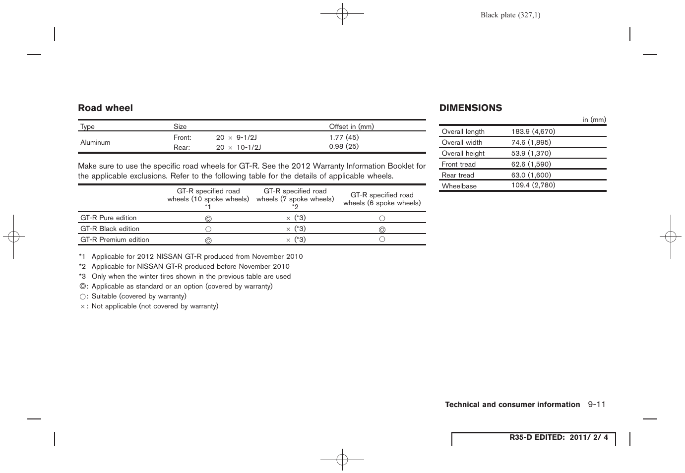 Dimensions -11 | NISSAN 2012 GT R - Owner's Manual User Manual | Page 322 / 346
