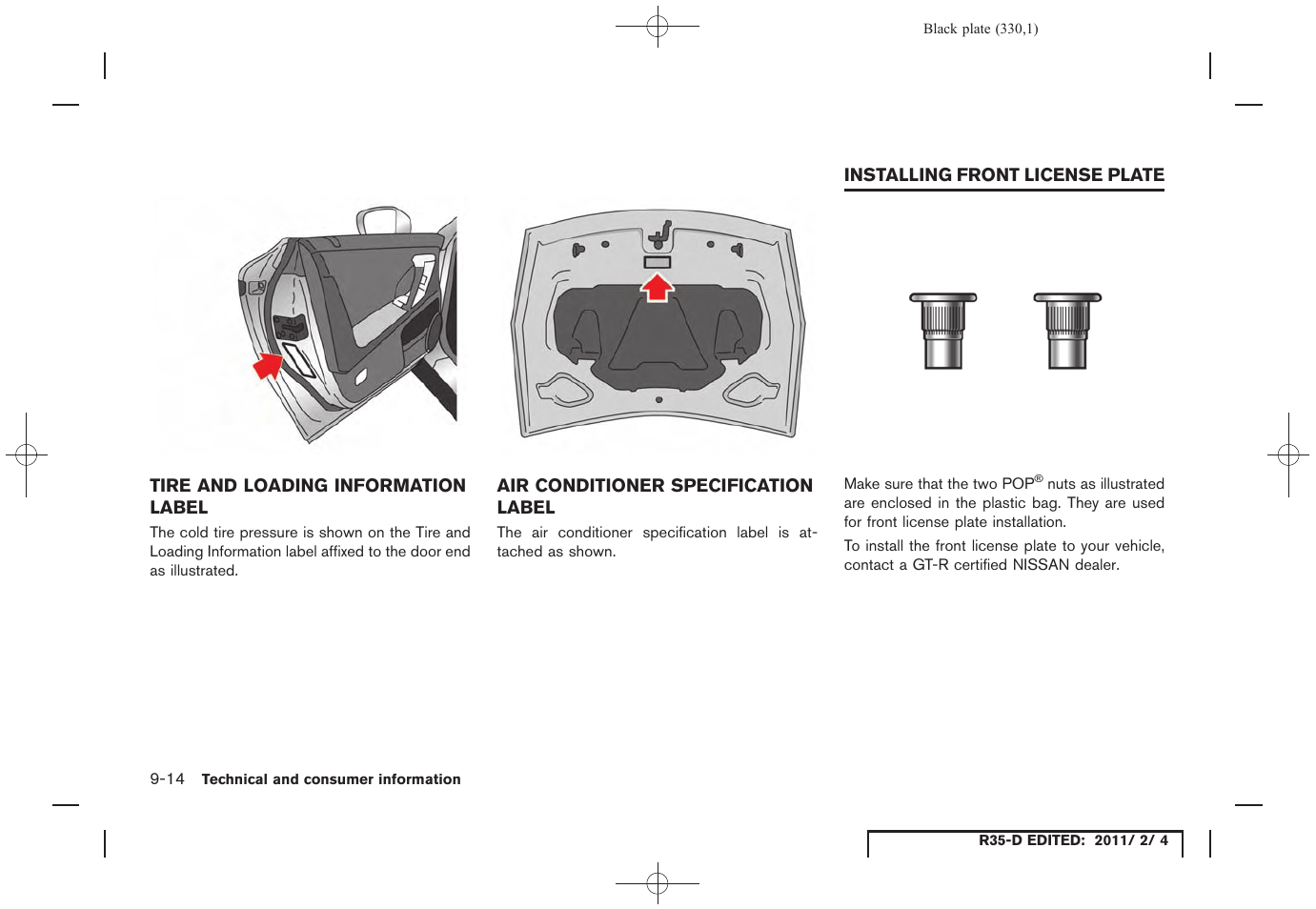 Installing front license plate -14 | NISSAN 2012 GT R - Owner's Manual User Manual | Page 325 / 346