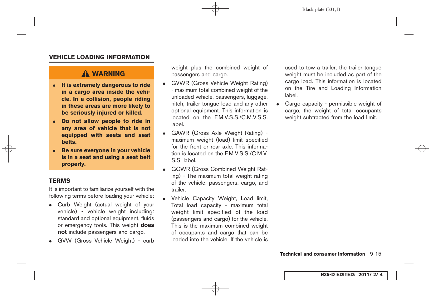 Vehicle loading information -15, Terms -15 | NISSAN 2012 GT R - Owner's Manual User Manual | Page 326 / 346
