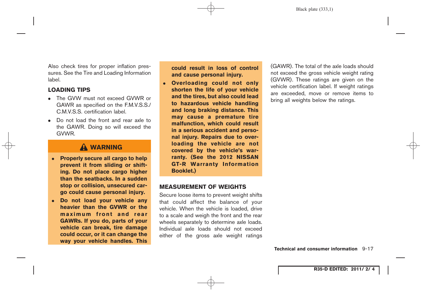Loading tips -17 measurement of weights -17 | NISSAN 2012 GT R - Owner's Manual User Manual | Page 328 / 346