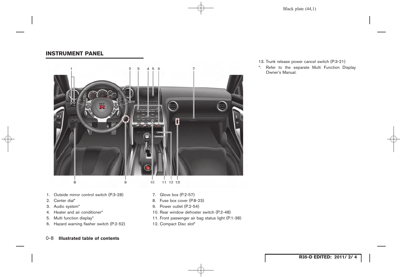Instrument panel -8 | NISSAN 2012 GT R - Owner's Manual User Manual | Page 45 / 346