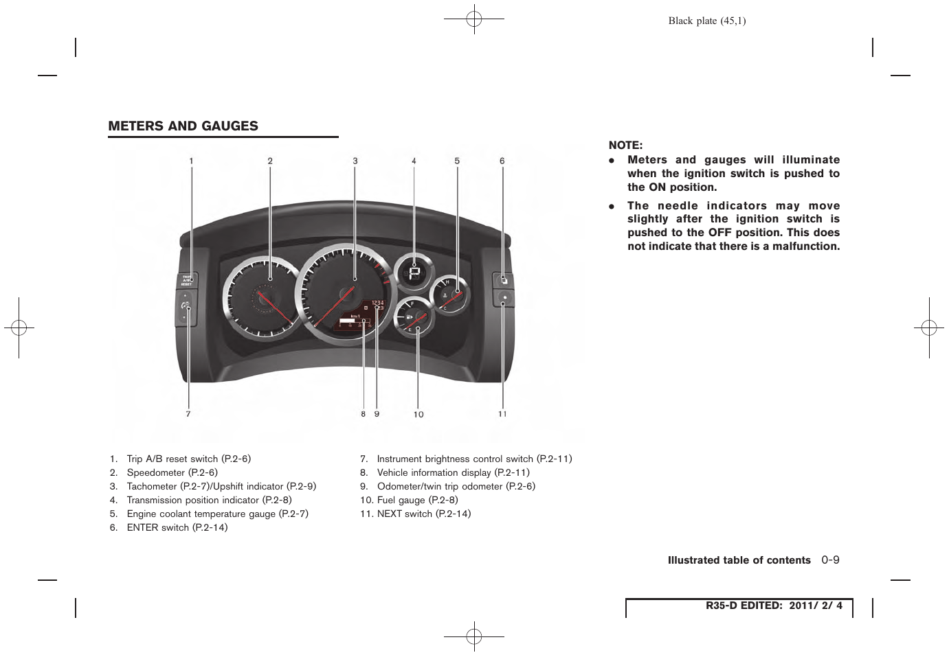 Meters and gauges -9 | NISSAN 2012 GT R - Owner's Manual User Manual | Page 46 / 346