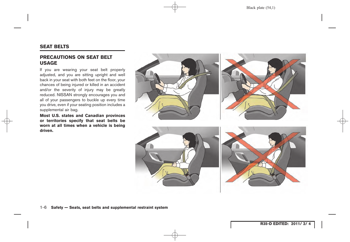Seat belts -6, Precautions on seat belt usage -6 | NISSAN 2012 GT R - Owner's Manual User Manual | Page 55 / 346