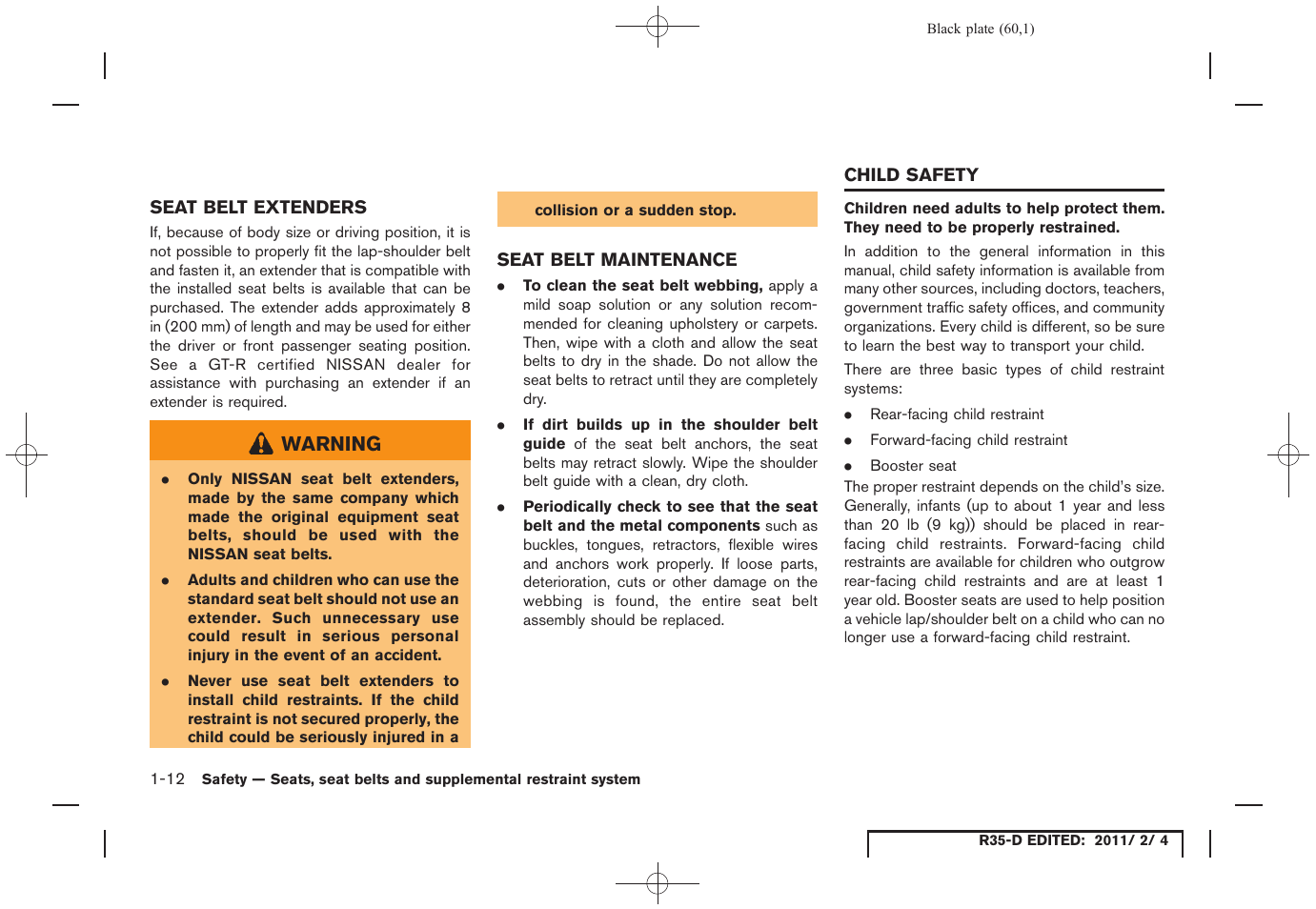 Seat belt extenders -12 seat belt maintenance -12, Child safety -12 | NISSAN 2012 GT R - Owner's Manual User Manual | Page 61 / 346