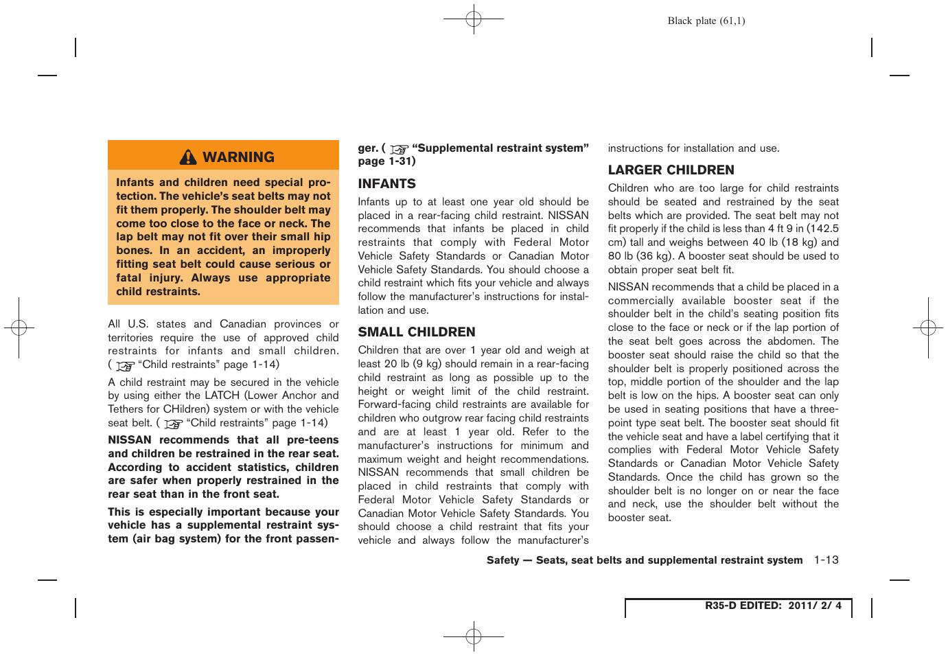 Infants -13 small children -13 larger children -13 | NISSAN 2012 GT R - Owner's Manual User Manual | Page 62 / 346