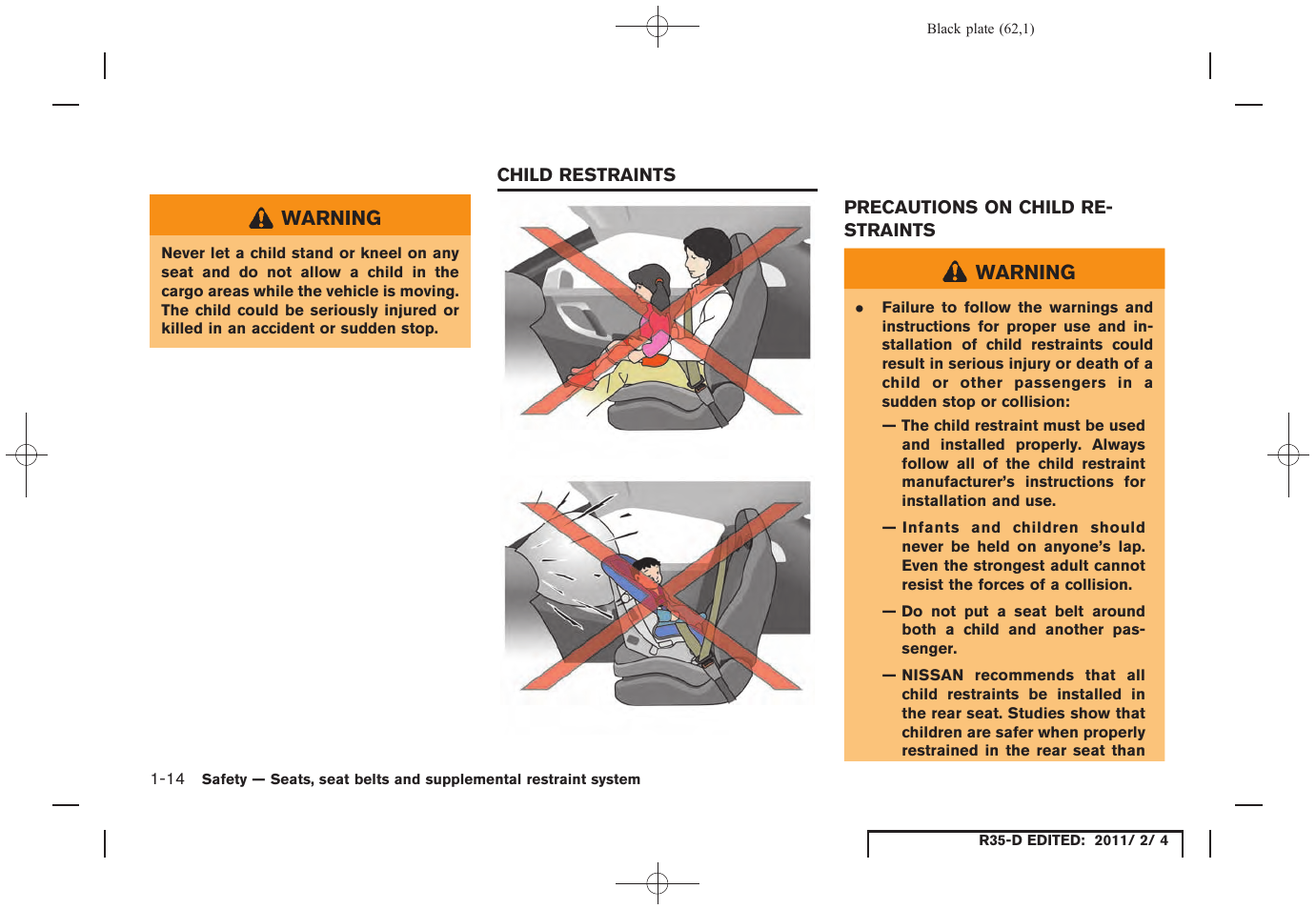 Child restraints -14, Precautions on child restraints -14 | NISSAN 2012 GT R - Owner's Manual User Manual | Page 63 / 346