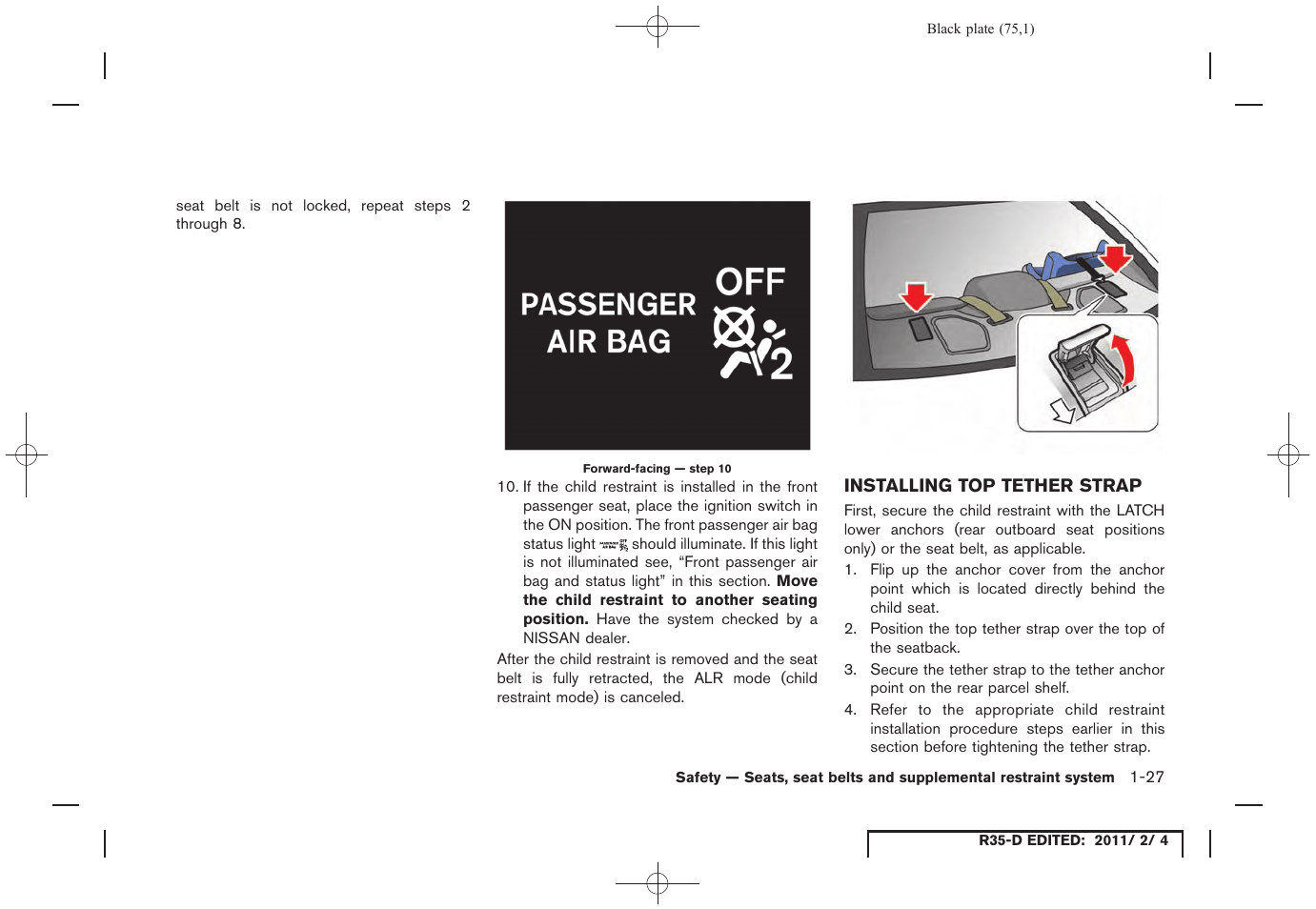 Installing top tether strap -27 | NISSAN 2012 GT R - Owner's Manual User Manual | Page 76 / 346