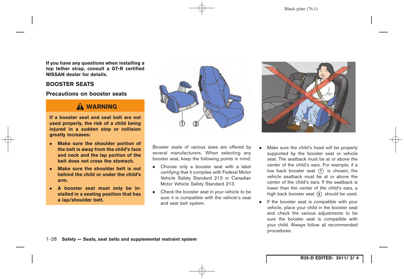 Booster seats -28 | NISSAN 2012 GT R - Owner's Manual User Manual | Page 77 / 346