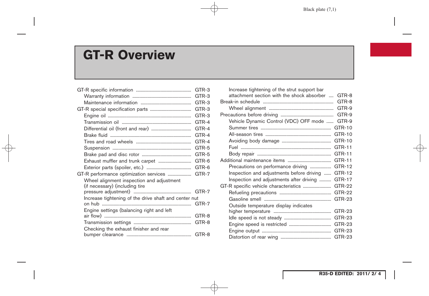 Gt-r overview | NISSAN 2012 GT R - Owner's Manual User Manual | Page 8 / 346