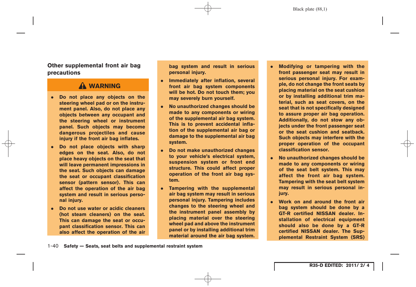 NISSAN 2012 GT R - Owner's Manual User Manual | Page 89 / 346