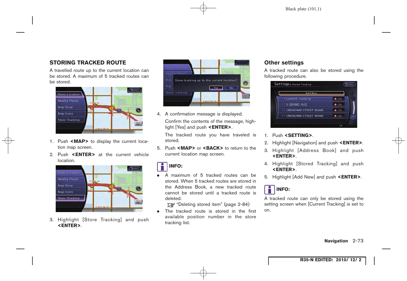 Storing tracked route, Other settings, Storing tracked route -73 | NISSAN 2012 GT R - Multi Function Display Owner's Manual User Manual | Page 101 / 307