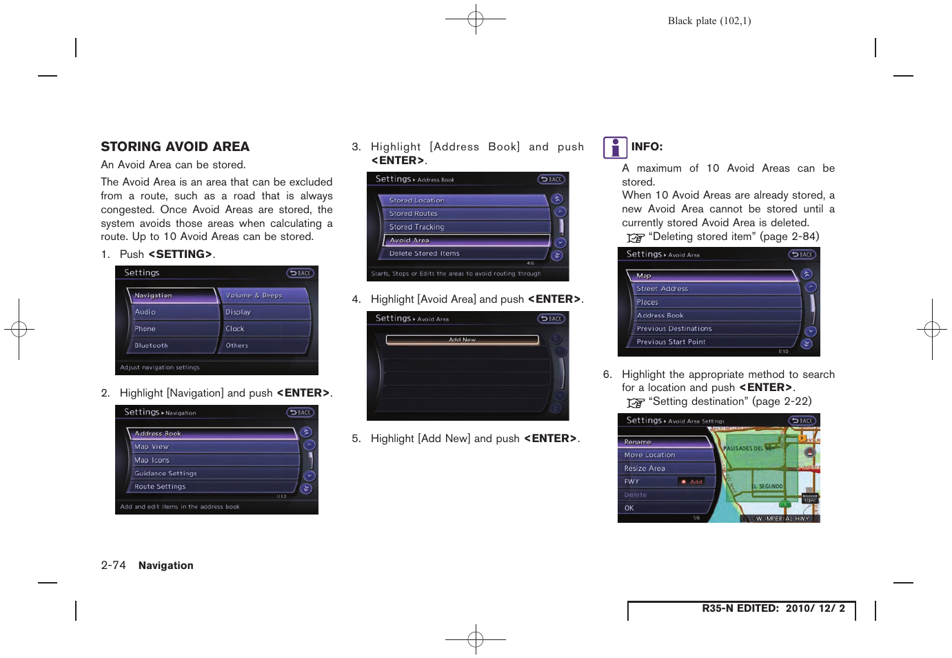 Storing avoid area, Storing avoid area -74 | NISSAN 2012 GT R - Multi Function Display Owner's Manual User Manual | Page 102 / 307