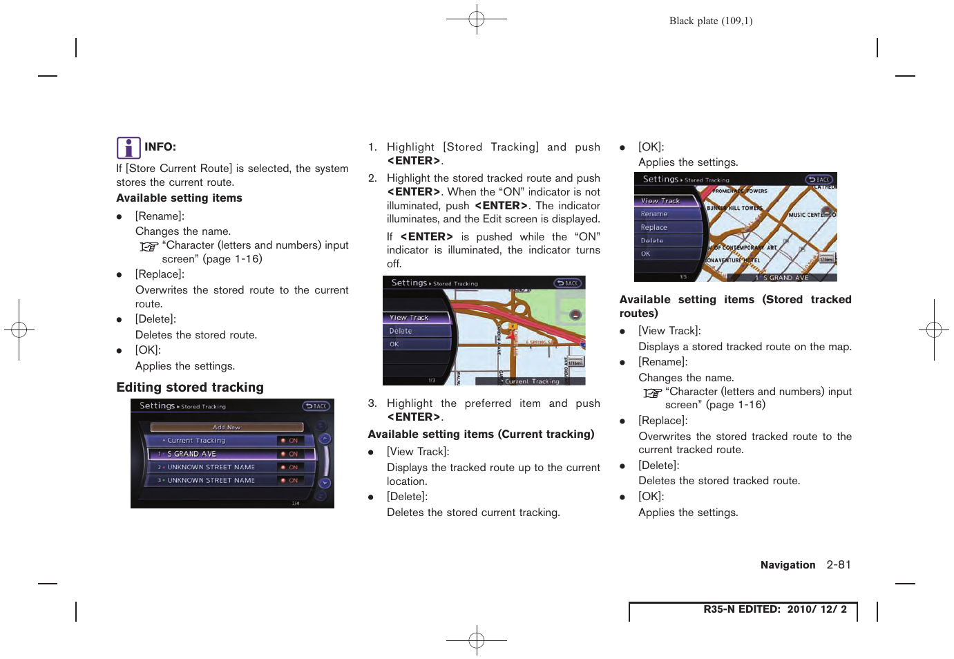 Editing stored tracking | NISSAN 2012 GT R - Multi Function Display Owner's Manual User Manual | Page 109 / 307