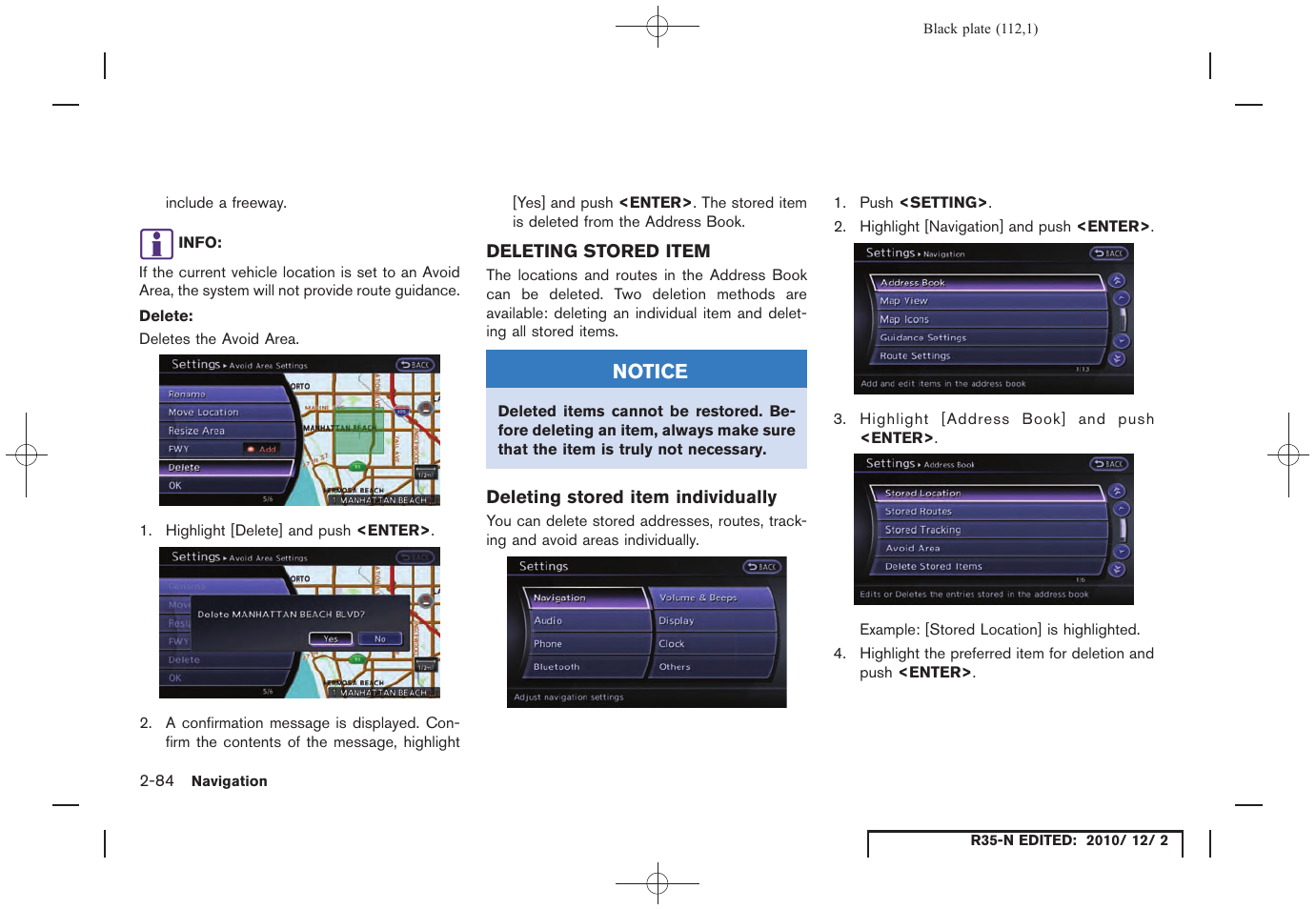 Deleting stored item, Deleting stored item individually, Deleting stored item -84 | NISSAN 2012 GT R - Multi Function Display Owner's Manual User Manual | Page 112 / 307