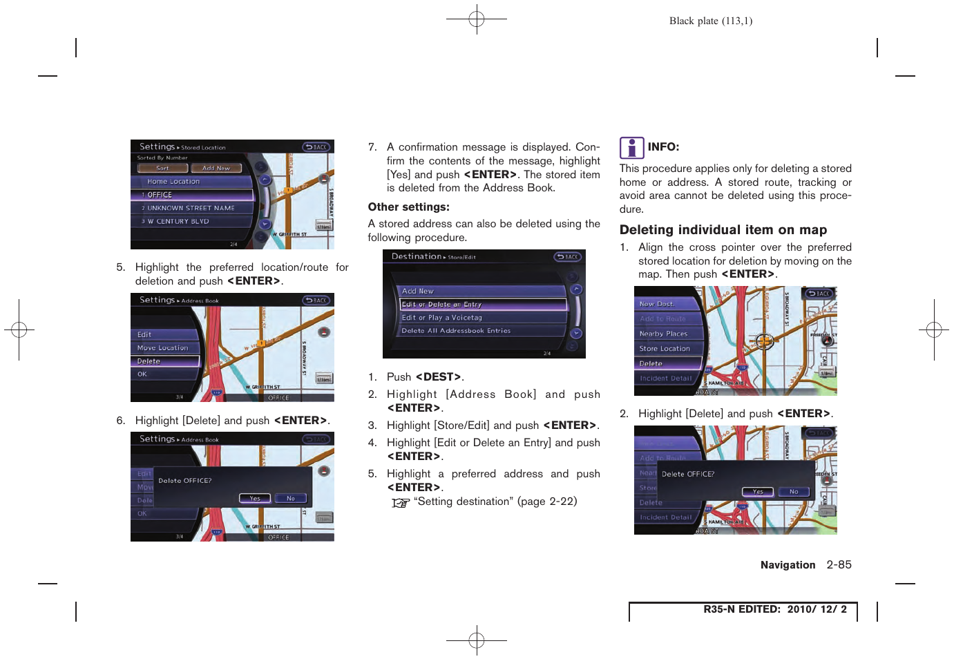 Deleting individual item on map | NISSAN 2012 GT R - Multi Function Display Owner's Manual User Manual | Page 113 / 307
